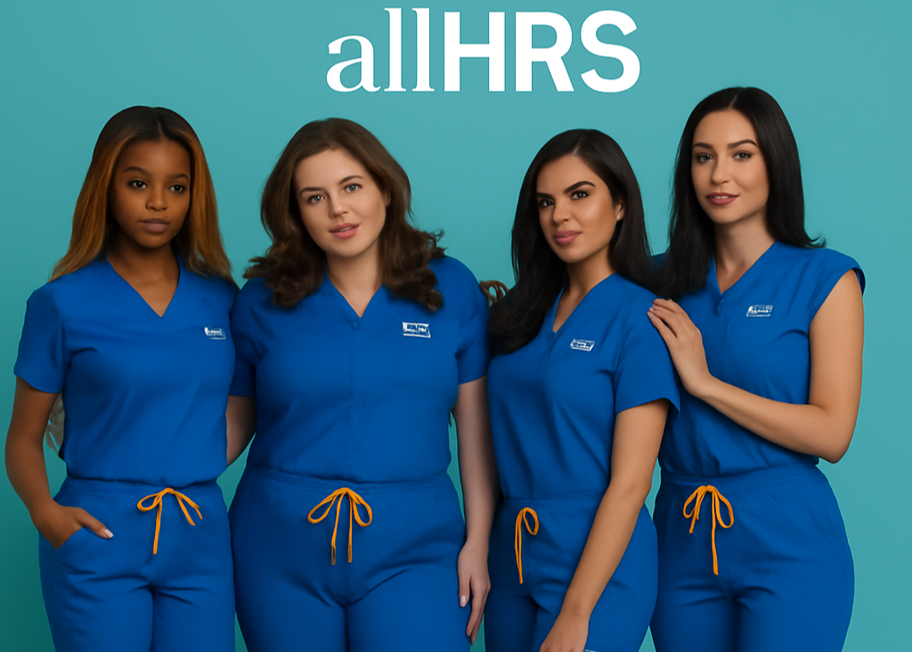 Four women wearing blue scrubs with 'allHRS' branding on a teal background